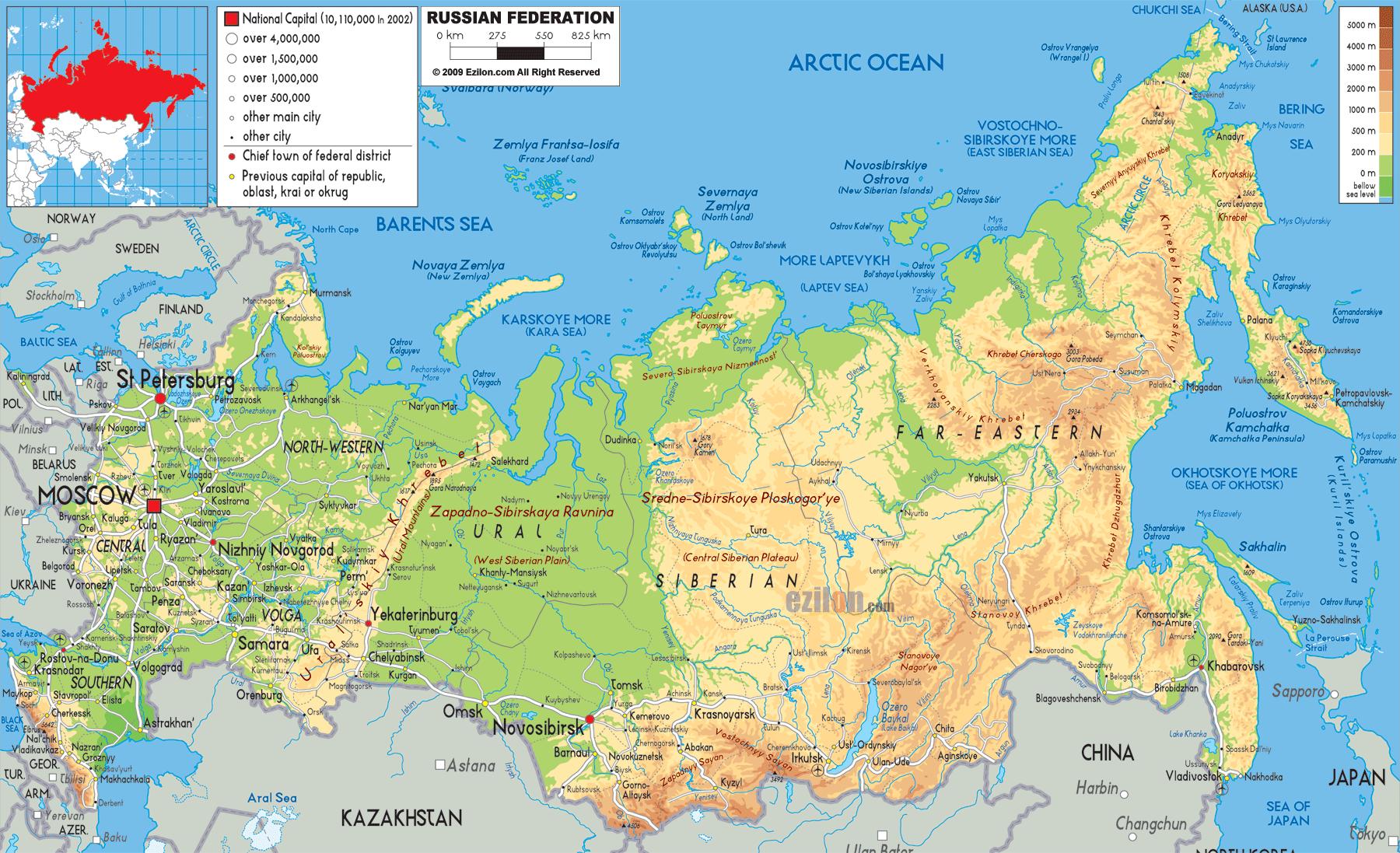 Карта россии с городами и морями подробная